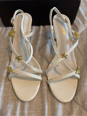 Fashion Nova White Strappy Slingback Sandals with Gold Sea Charms